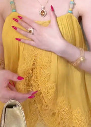 Chic Yellow Lace Patchwork Spaghetti Strap Tops Summer