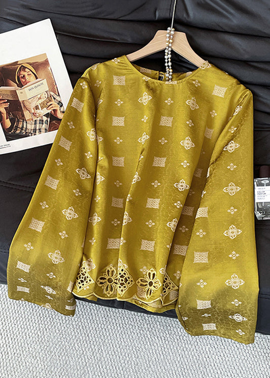Chic Yellow O Neck Print Hollow Out Silk Shirt Tops Fall