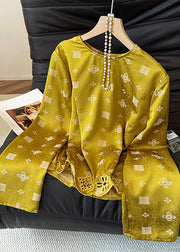 Chic Yellow O Neck Print Hollow Out Silk Shirt Tops Fall