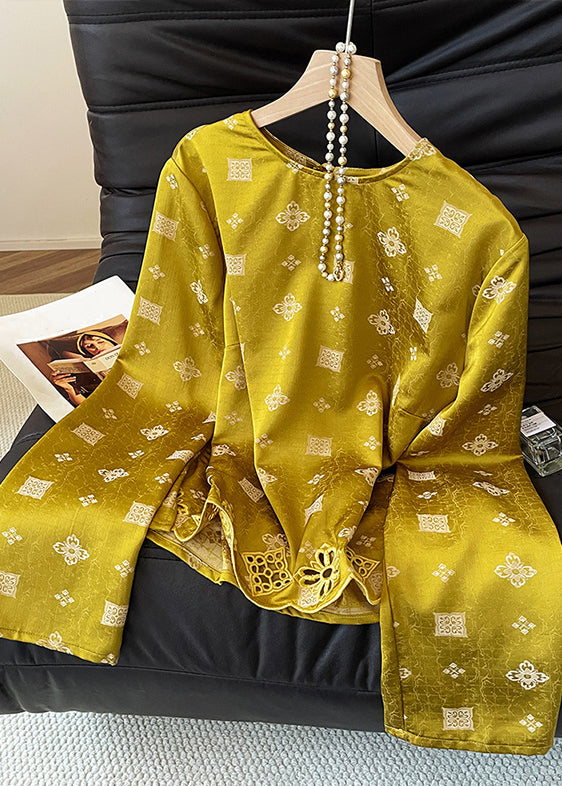 Chic Yellow O Neck Print Hollow Out Silk Shirt Tops Fall