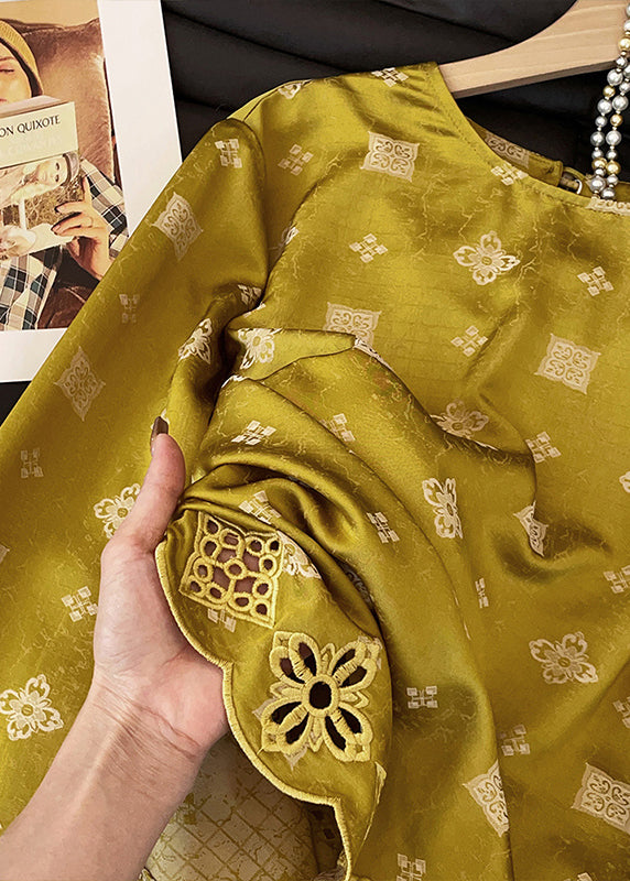 Chic Yellow O Neck Print Hollow Out Silk Shirt Tops Fall