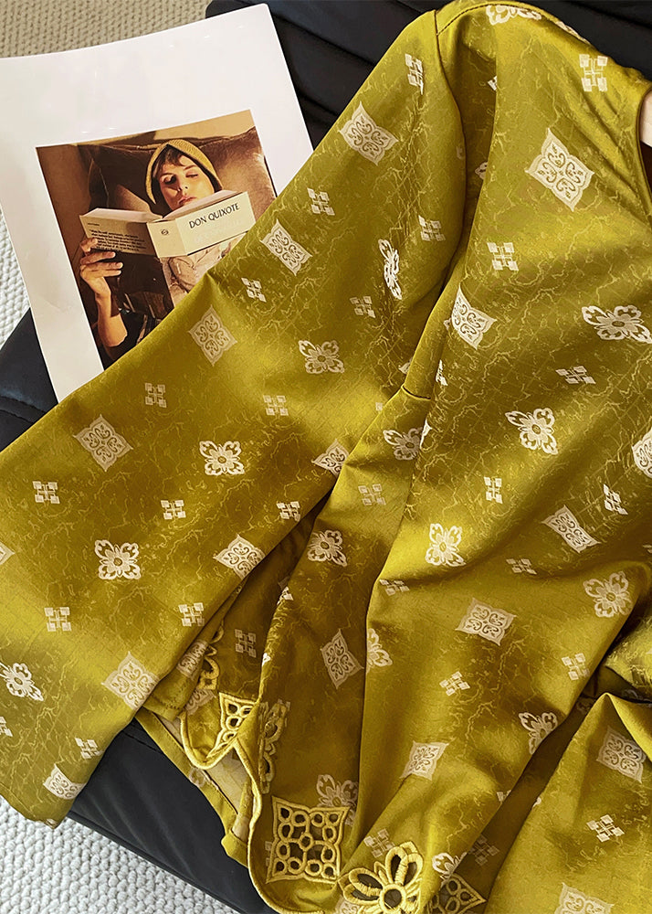 Chic Yellow O Neck Print Hollow Out Silk Shirt Tops Fall