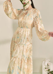 Chic Yellow O-Neck Print Long Dresses Lantern Sleeve