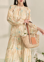 Chic Yellow O-Neck Print Long Dresses Lantern Sleeve