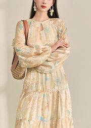Chic Yellow O-Neck Print Long Dresses Lantern Sleeve