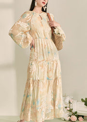 Chic Yellow O-Neck Print Long Dresses Lantern Sleeve