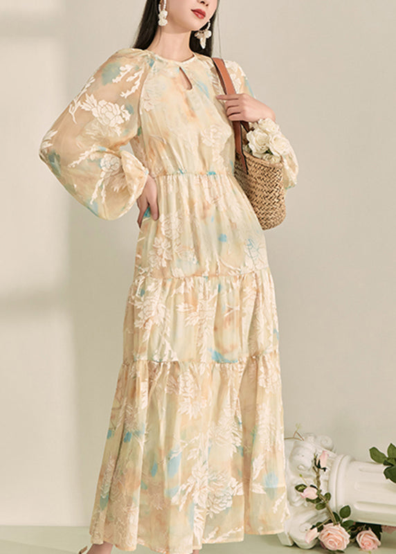 Chic Yellow O-Neck Print Long Dresses Lantern Sleeve