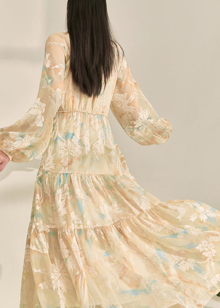 Chic Yellow O-Neck Print Long Dresses Lantern Sleeve