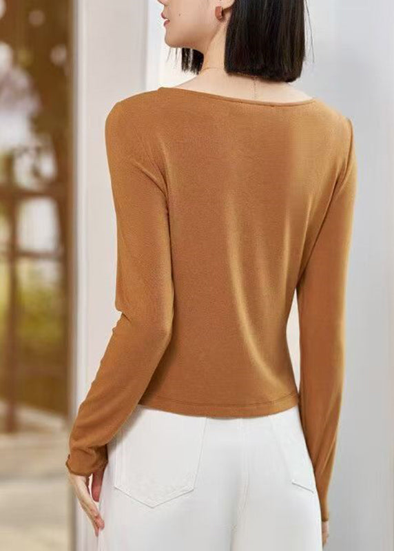 Chic Yellow Patchwork Cozy Solid Tops Fall