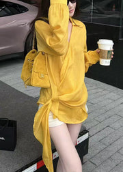 Chic Yellow Peter Pan Collar Asymmetrical Cotton Shirts Fall