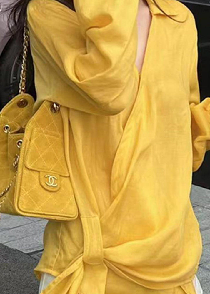 Chic Yellow Peter Pan Collar Asymmetrical Cotton Shirts Fall