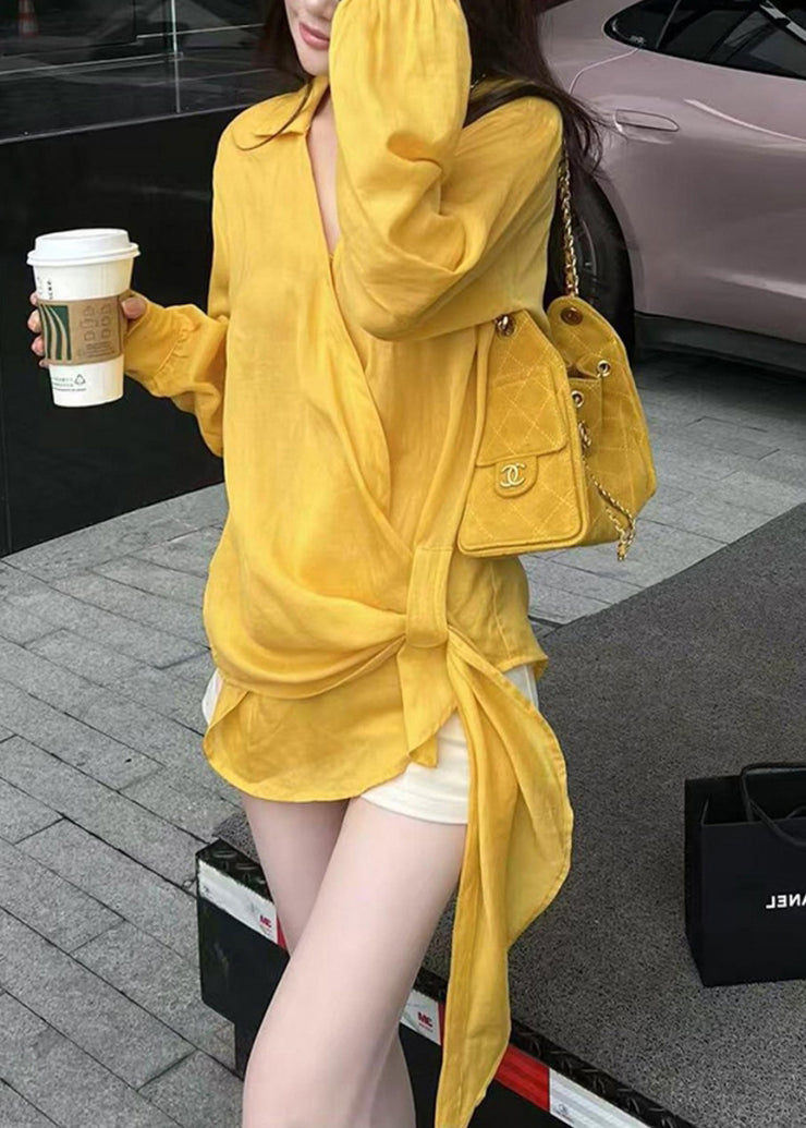 Chic Yellow Peter Pan Collar Asymmetrical Cotton Shirts Fall