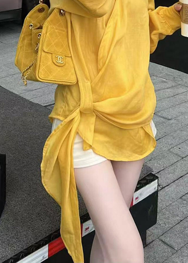 Chic Yellow Peter Pan Collar Asymmetrical Cotton Shirts Fall