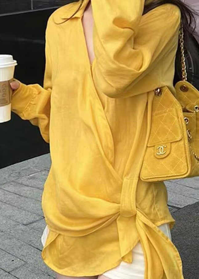 Chic Yellow Peter Pan Collar Asymmetrical Cotton Shirts Fall