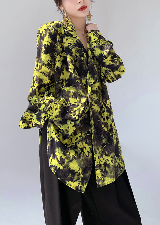 Chic Yellow Peter Pan Collar Print Cotton Shirts Long Sleeve