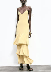Chic Yellow Ruffled Patchwork Chiffon Spaghetti Strap Dress Summer