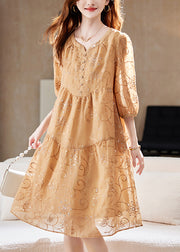 Chic Yellow Sequins Embroidered Patchwork Cotton Dress Summer