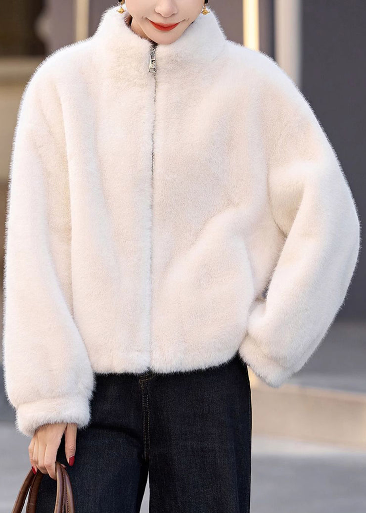 Chic Yellow Stand Collar Zip Up Faux Fur Short Coats Winter