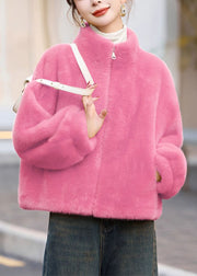 Chic Yellow Stand Collar Zip Up Faux Fur Short Coats Winter