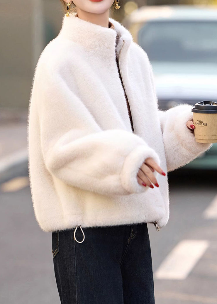 Chic Yellow Stand Collar Zip Up Faux Fur Short Coats Winter