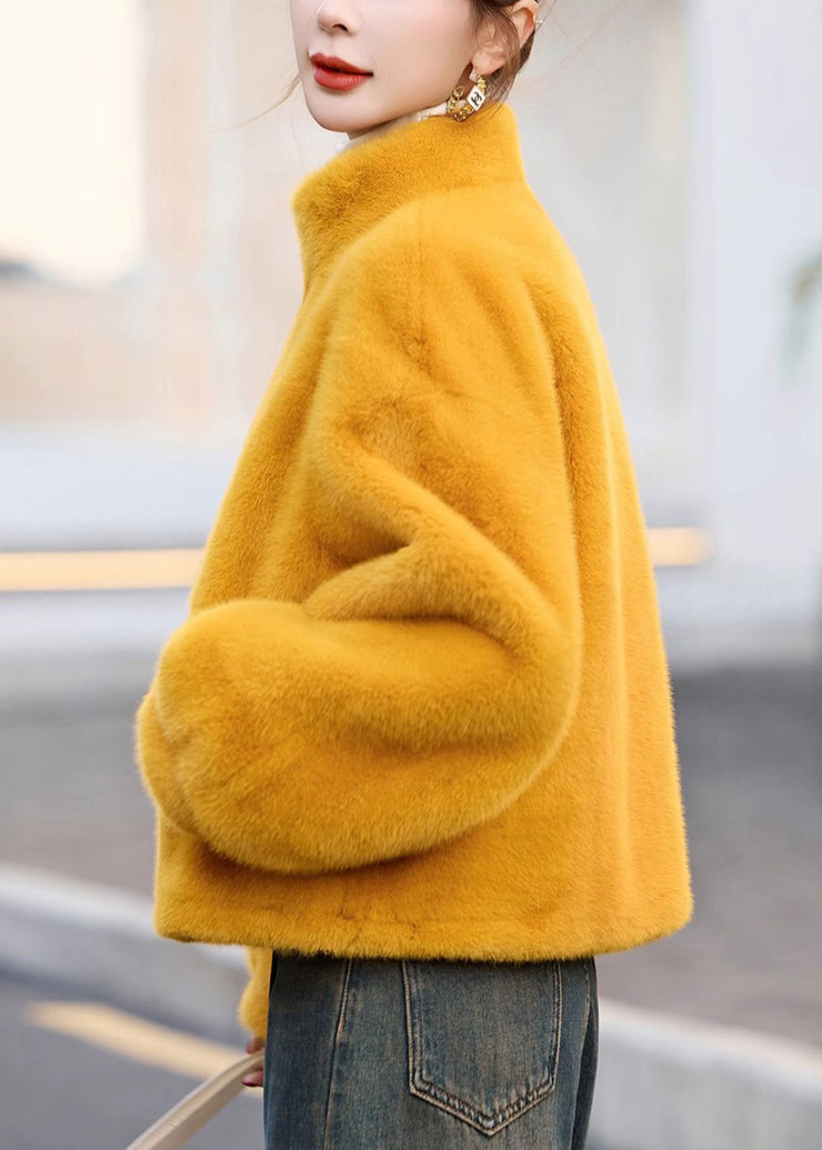 Chic Yellow Stand Collar Zip Up Faux Fur Short Coats Winter