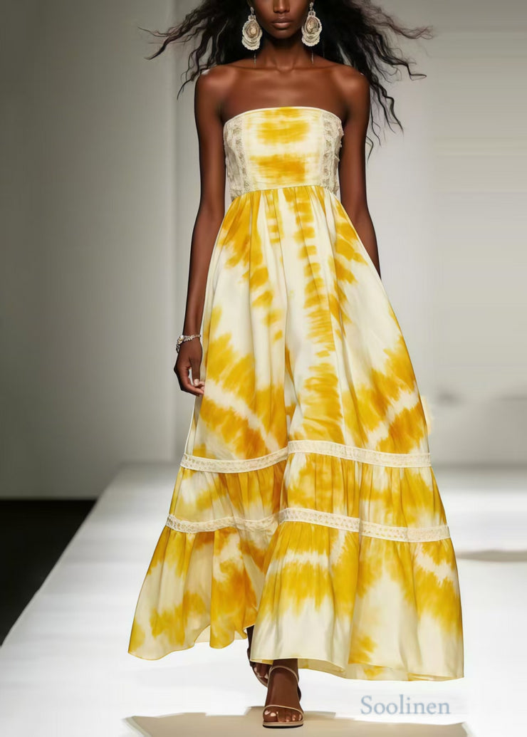 Chic Yellow Tie Dye Exra Large Hem Chiffon Strapless Dress Summer
