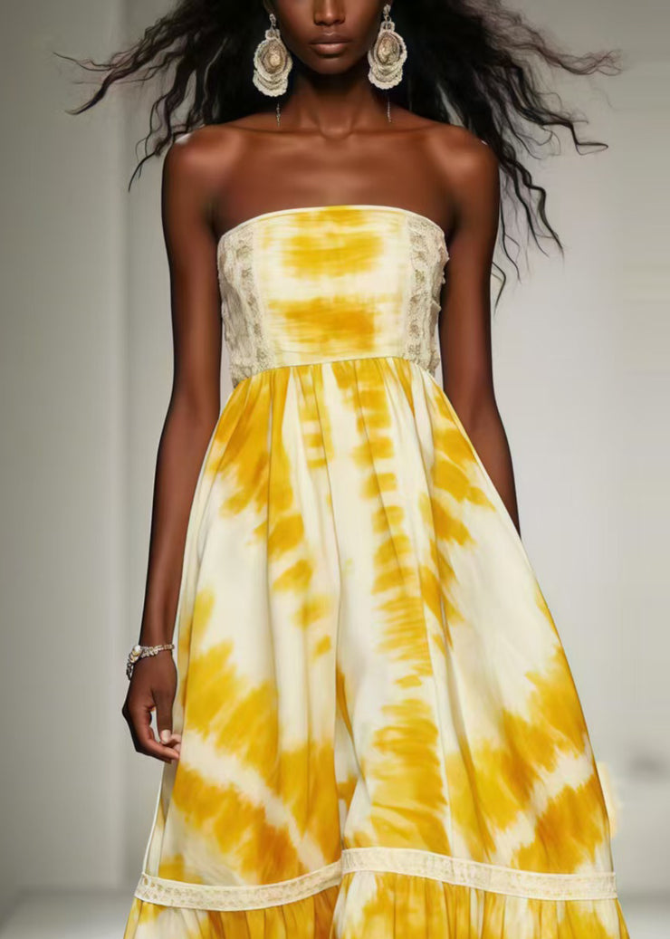 Chic Yellow Tie Dye Exra Large Hem Chiffon Strapless Dress Summer