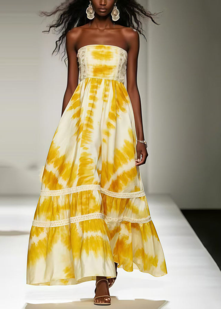 Chic Yellow Tie Dye Exra Large Hem Chiffon Strapless Dress Summer