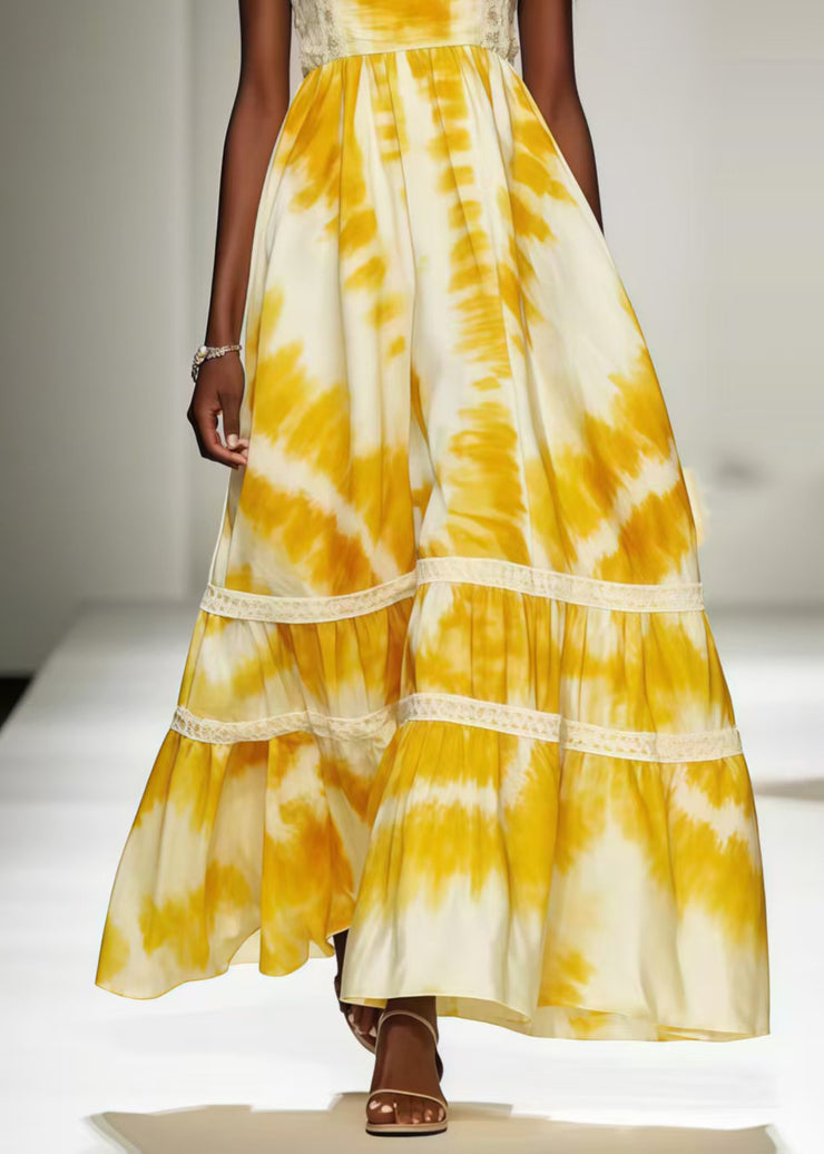 Chic Yellow Tie Dye Exra Large Hem Chiffon Strapless Dress Summer