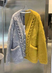 Chic Yellow V Neck Patchwork Button Cozy Cotton Knit Cardigans Winter