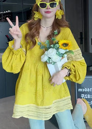 Chic Yellow V Neck Patchwork Cotton Blouse Tops Lantern Sleeve