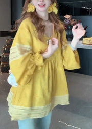 Chic Yellow V Neck Patchwork Cotton Blouse Tops Lantern Sleeve