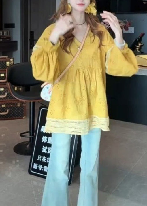 Chic Yellow V Neck Patchwork Cotton Blouse Tops Lantern Sleeve