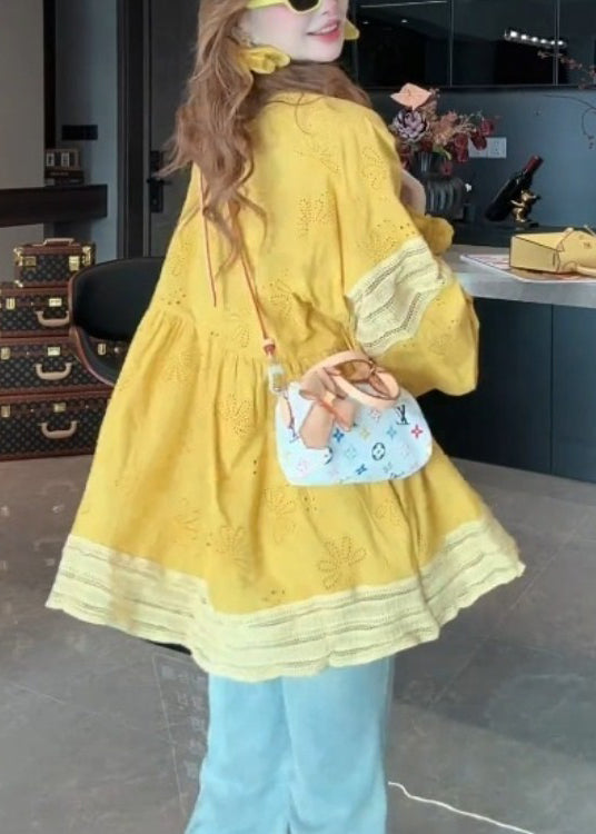 Chic Yellow V Neck Patchwork Cotton Blouse Tops Lantern Sleeve