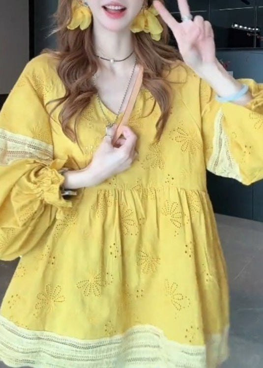 Chic Yellow V Neck Patchwork Cotton Blouse Tops Lantern Sleeve