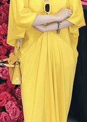 Chic Yellow V Neck Patchwork Cotton Dresses Batwing Sleeve