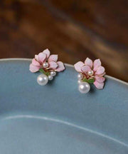 Chinese Styl Pink Sterling Silver Overgild Pearl Floral Stud Earrings