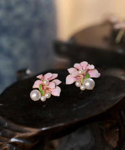 Chinese Styl Pink Sterling Silver Overgild Pearl Floral Stud Earrings