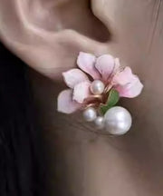 Chinese Styl Pink Sterling Silver Overgild Pearl Floral Stud Earrings