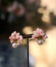 Chinese Styl Pink Sterling Silver Overgild Pearl Floral Stud Earrings