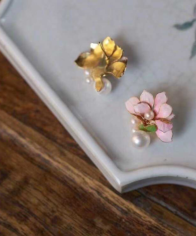 Chinese Styl Pink Sterling Silver Overgild Pearl Floral Stud Earrings