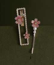 Chinese Style Alloy Zircon Pearl Resin Floral Hairpin Two-Piece Set