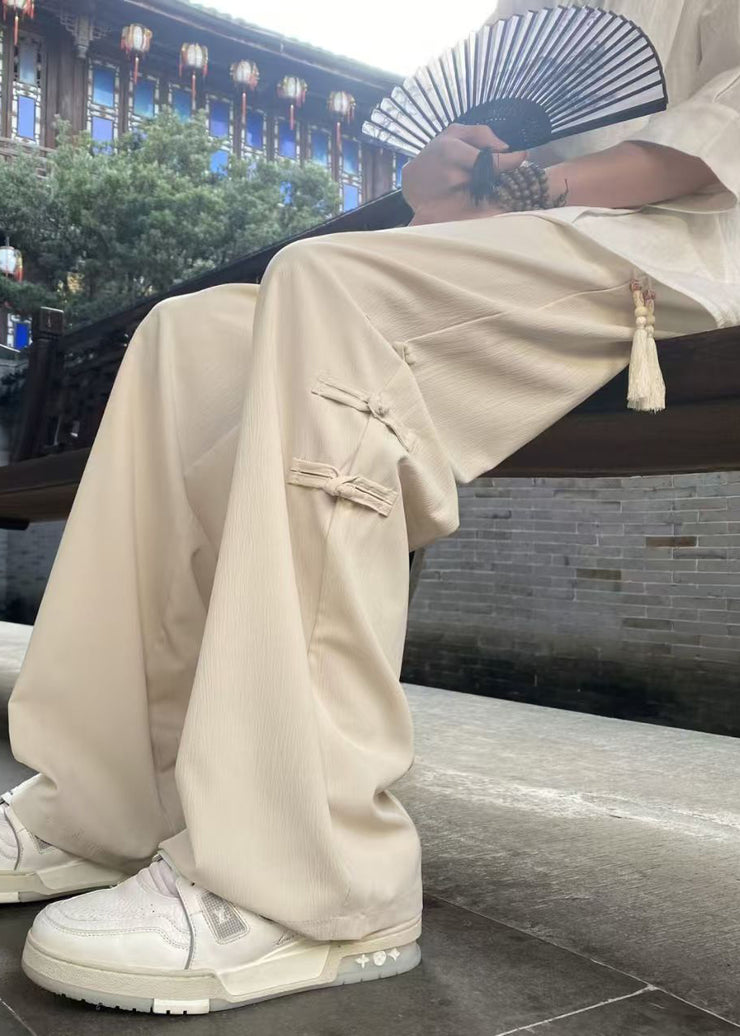 Chinese Style Apricot Button Elastic Waist Ice Silk Men Pants Spring