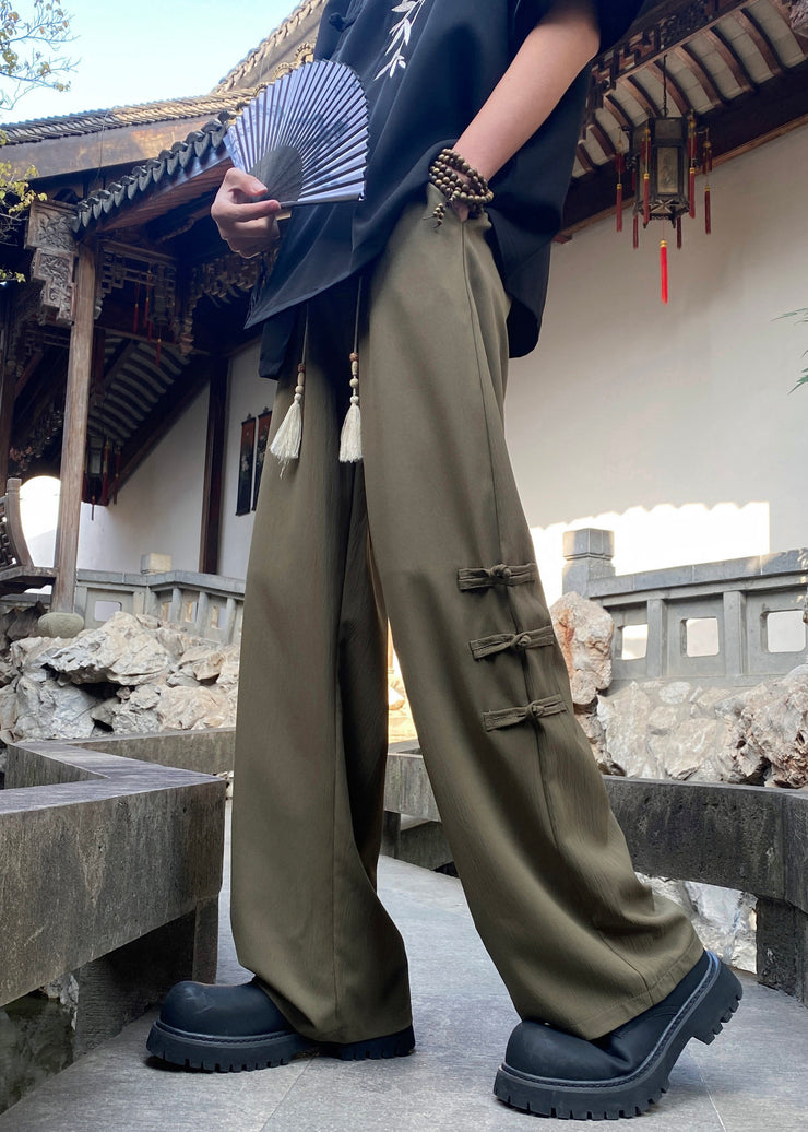 Chinese Style Apricot Button Elastic Waist Ice Silk Men Pants Spring