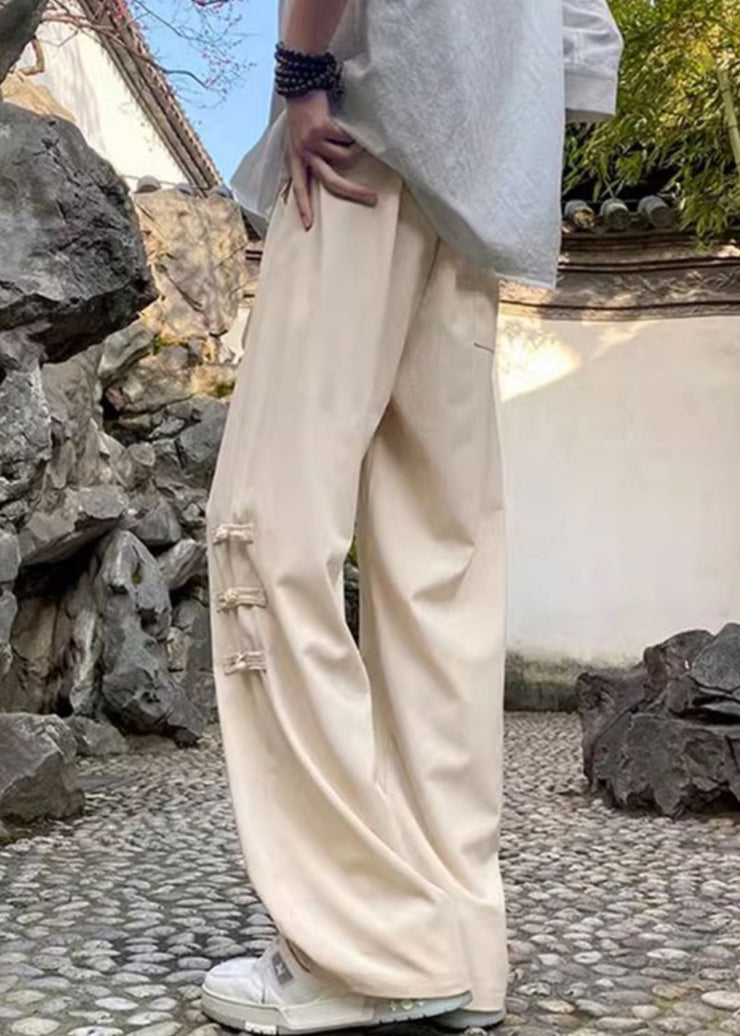 Chinese Style Apricot Button Elastic Waist Ice Silk Men Pants Spring