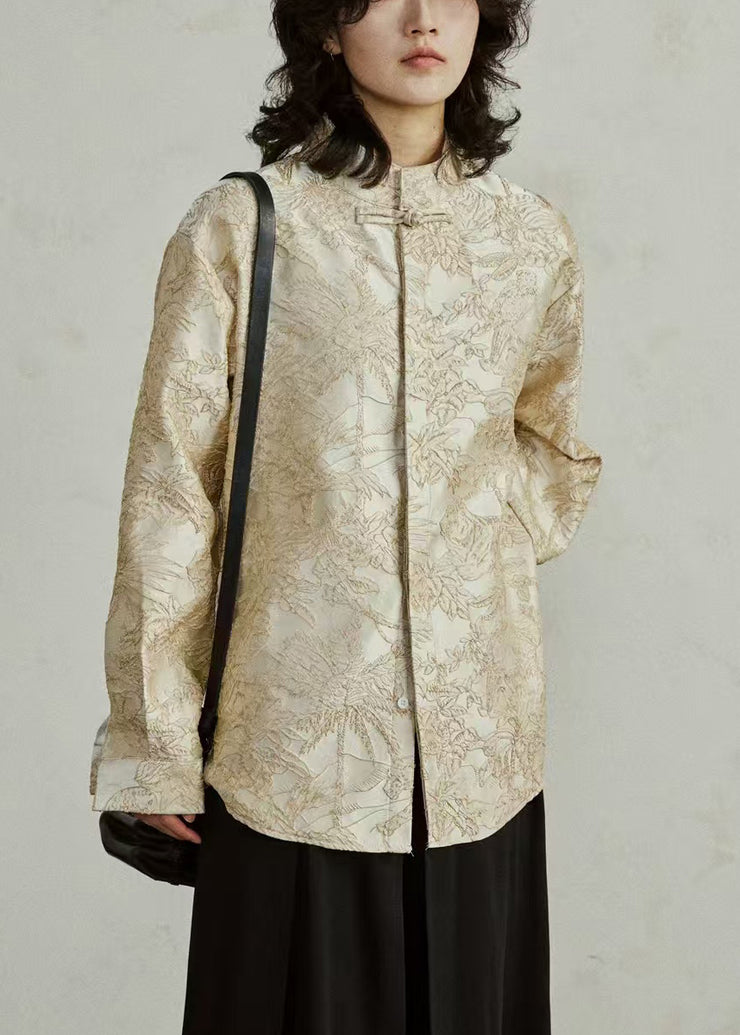 Chinese Style Apricot Button Shirt Lantern Sleeve
