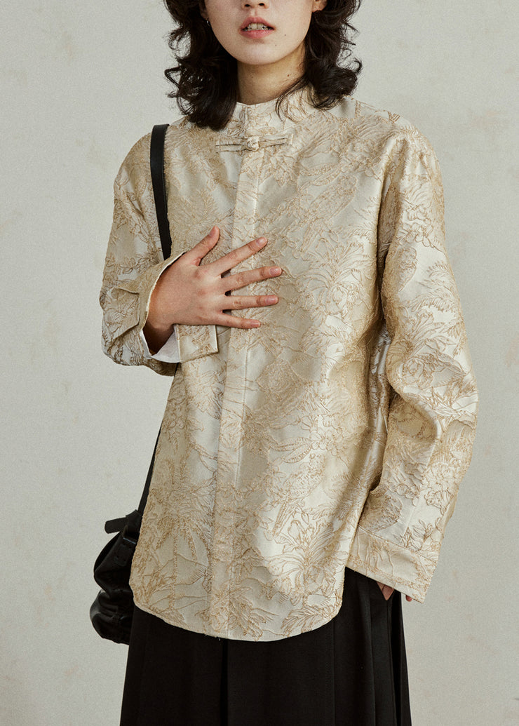 Chinese Style Apricot Button Shirt Lantern Sleeve