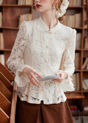 Chinese Style Apricot Stand Collar Button Lace Shirt Flare Sleeve