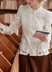 Chinese Style Apricot Stand Collar Button Lace Shirt Flare Sleeve