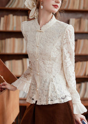 Chinese Style Apricot Stand Collar Button Lace Shirt Flare Sleeve